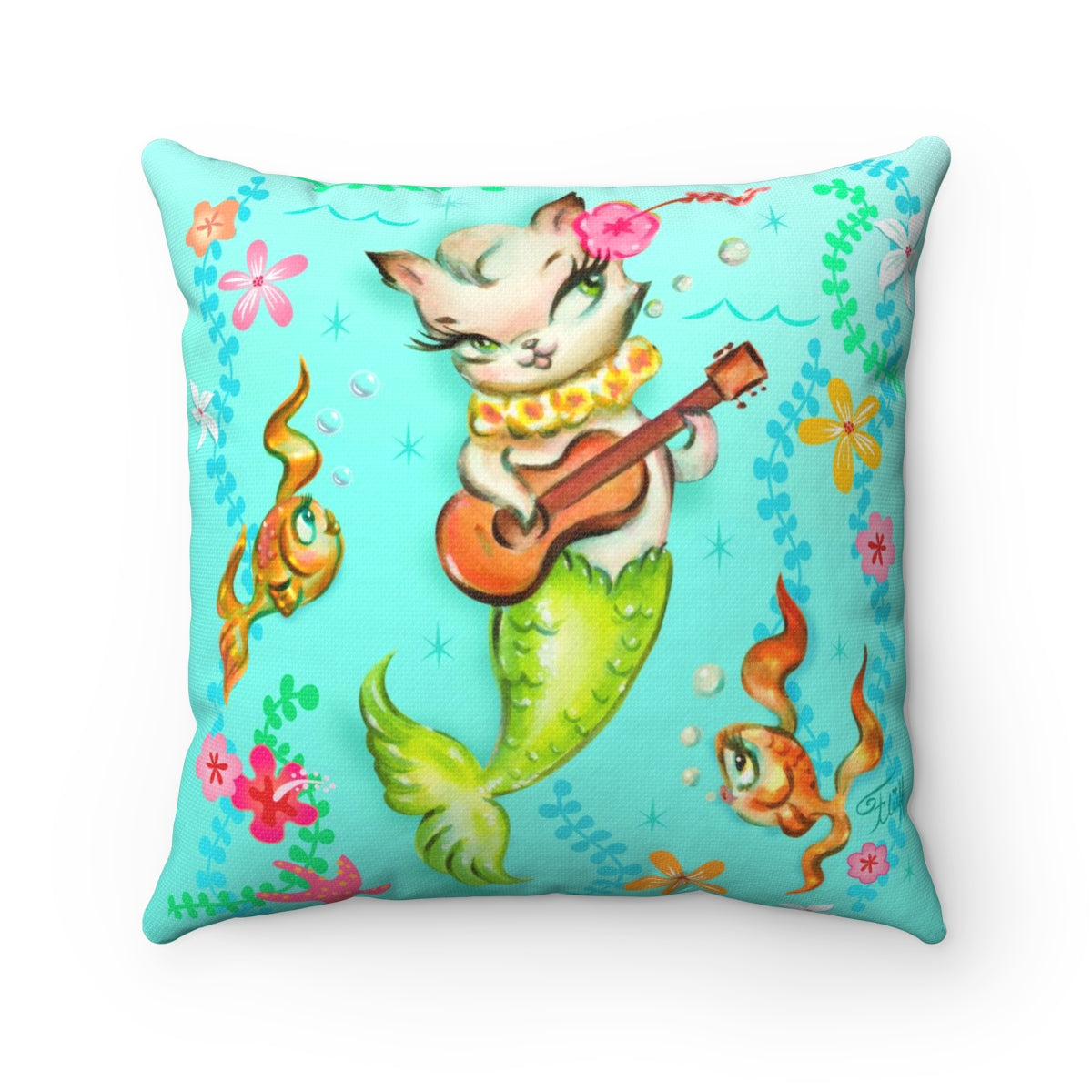 Mermaid Cat with Ukulele • Square Pillow