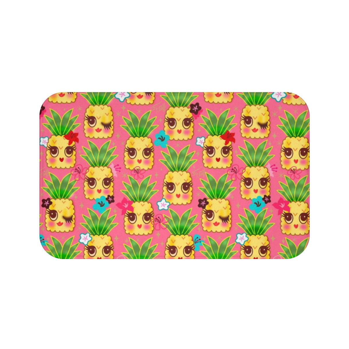 Happy Kawaii Cute Pineapples on Pink • Bath Mat