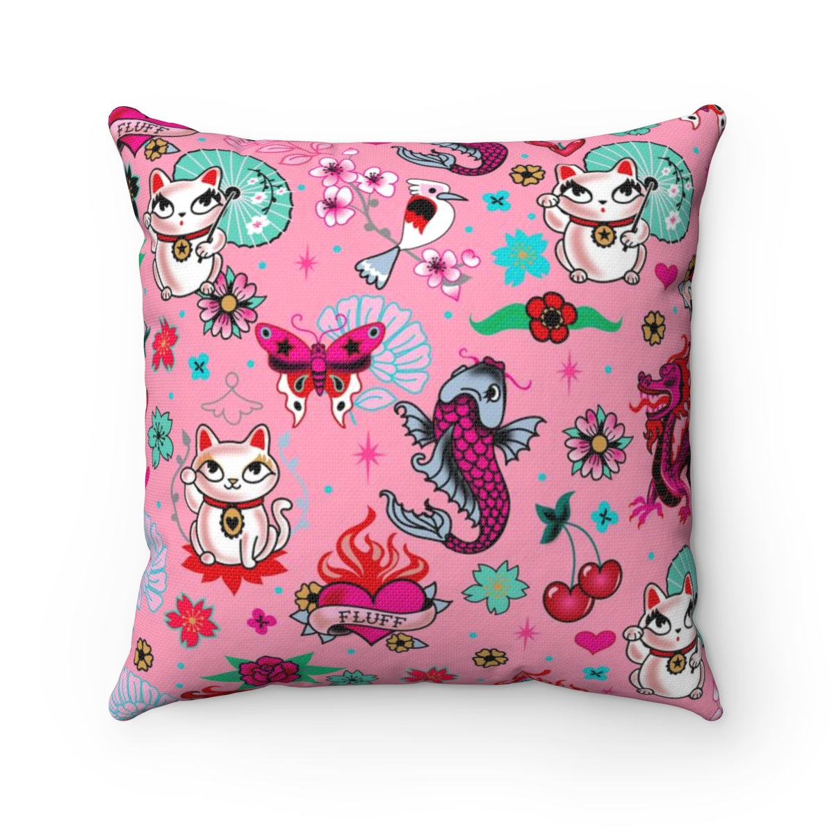 Lucky Kitty on Pink • Square Pillow