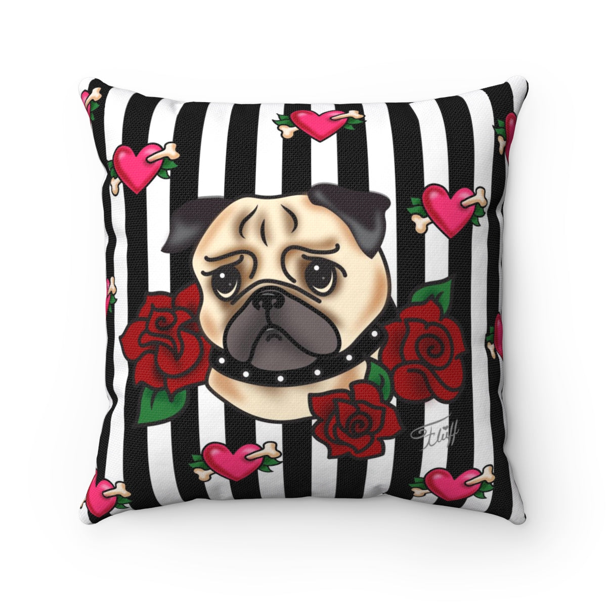 Tattoo Pug with Roses on Stripes • Square Pillow