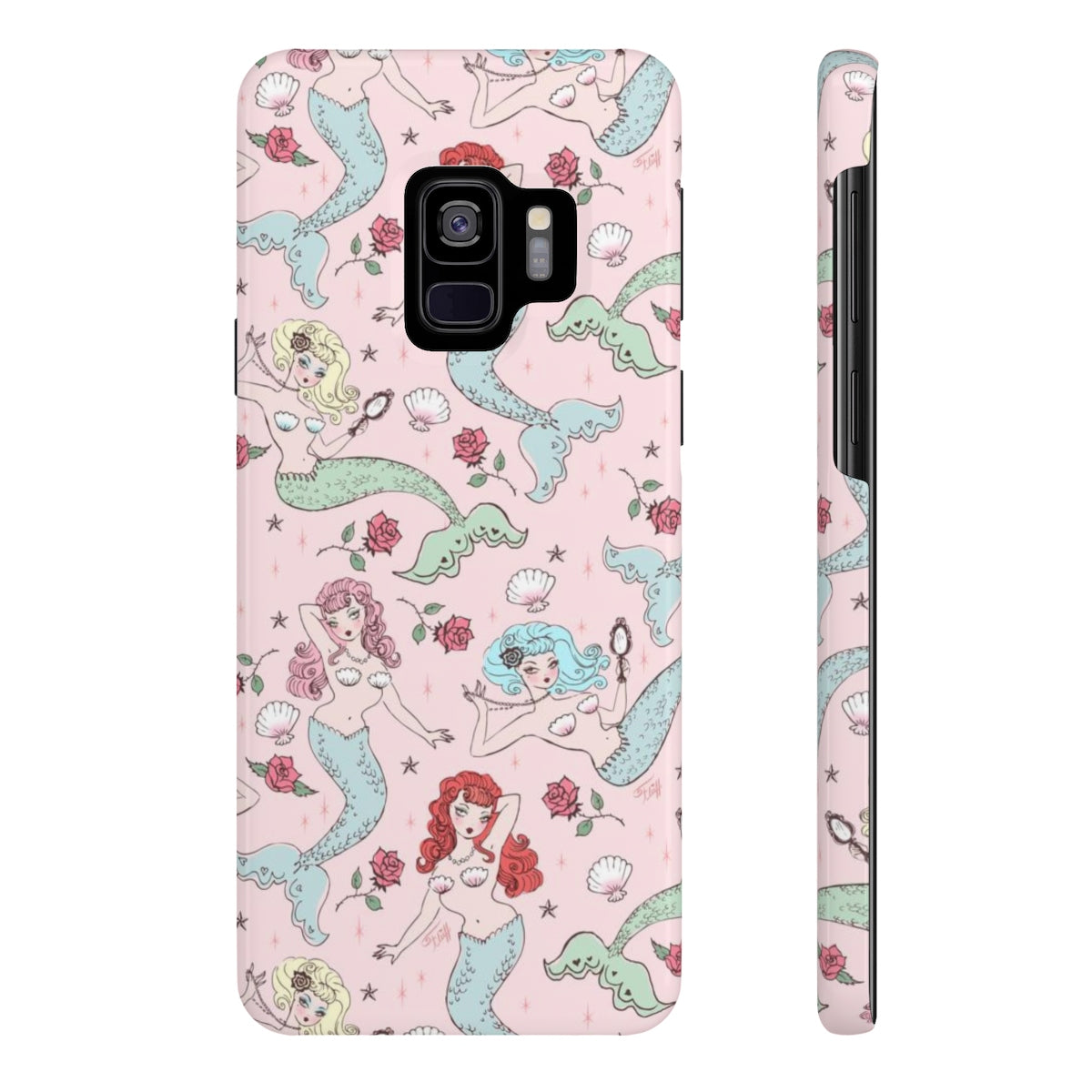 Mermaids and Roses on Pink • Slim Phone Case