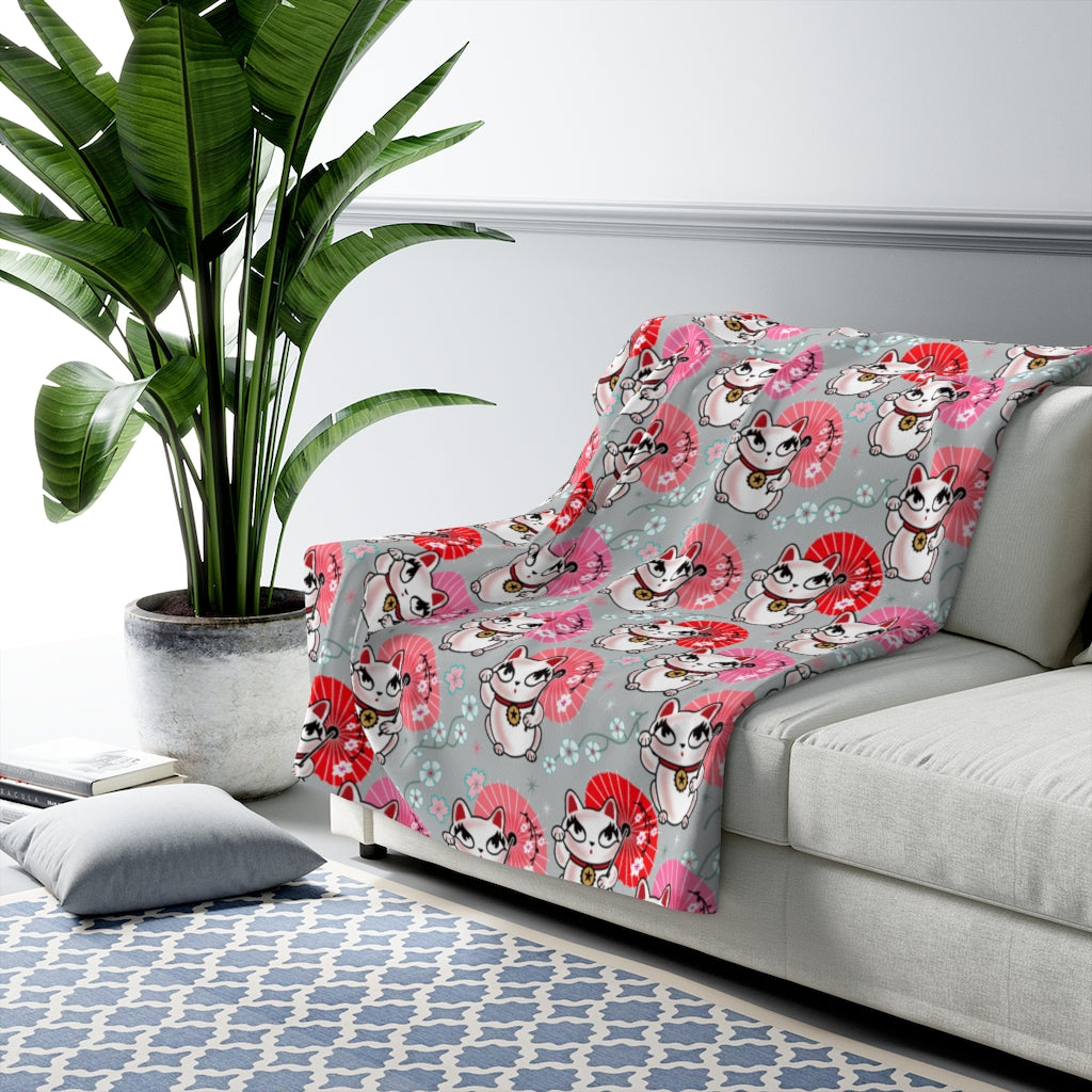 Kyoto Kitty Grey • Sherpa Fleece Blanket