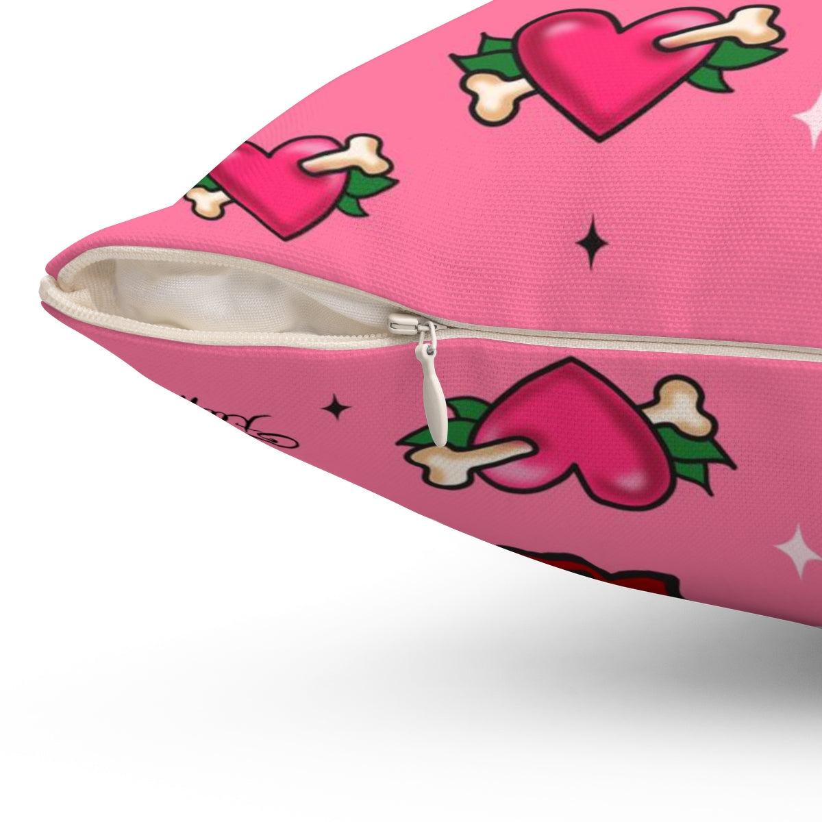 Tattoo Pug with Roses on Pink • Square Pillow