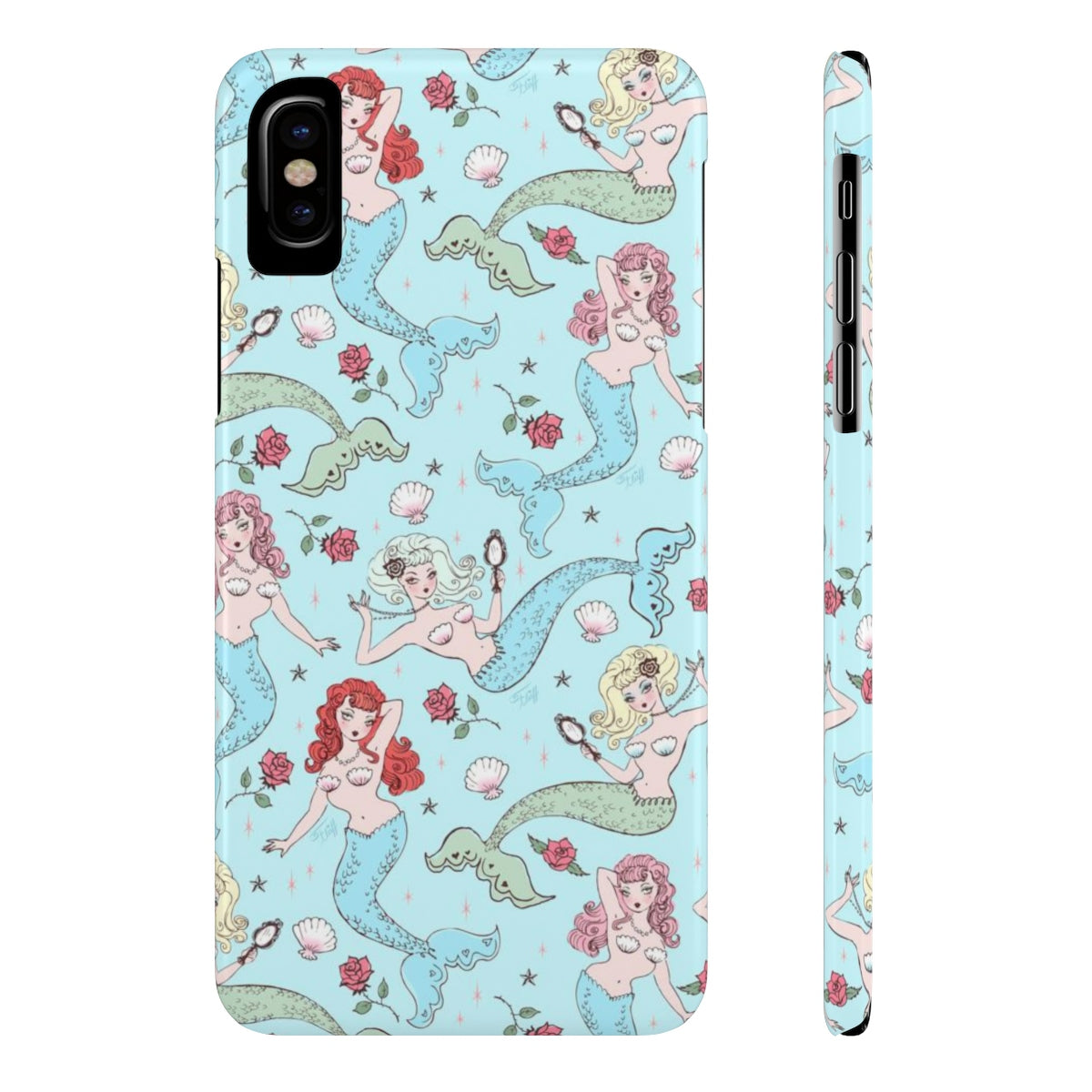 Mermaids and Roses on Aqua • Slim Phone Case