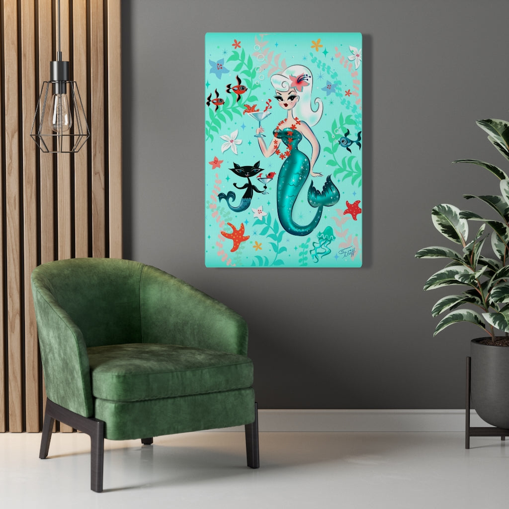 Blonde Martini Mermaid with Merkitten • Canvas Gallery Wrap