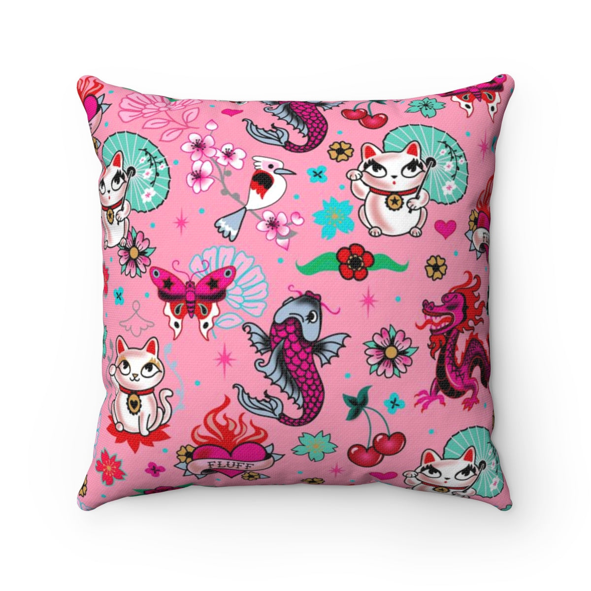 Lucky Kitty on Pink • Square Pillow