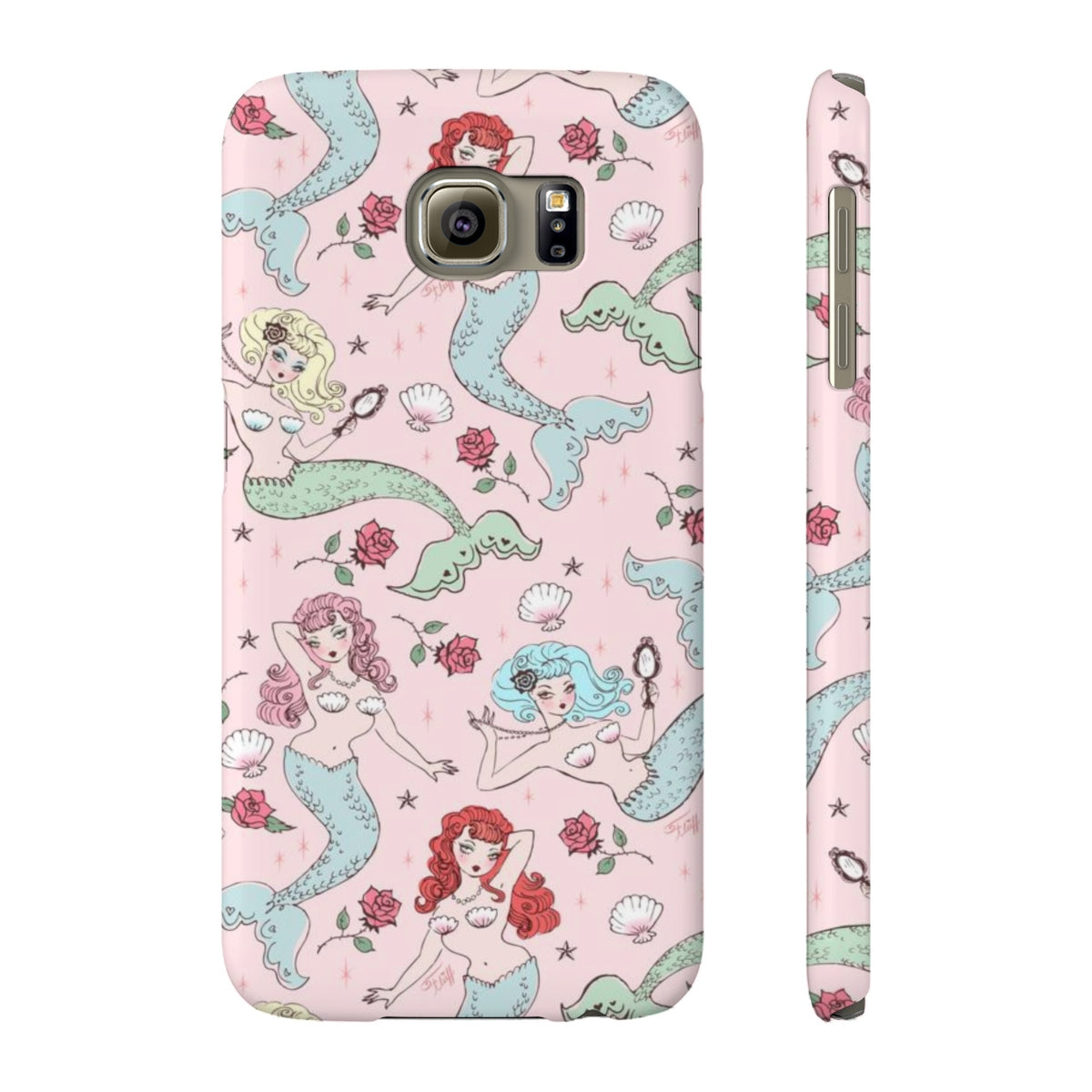 Mermaids and Roses on Pink • Slim Phone Case