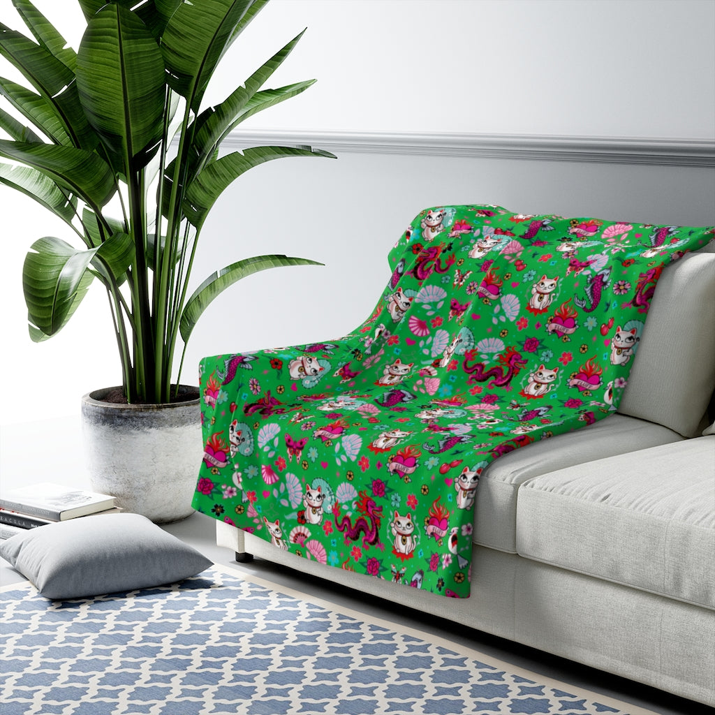Lucky Cat on Green • Sherpa Fleece Blanket