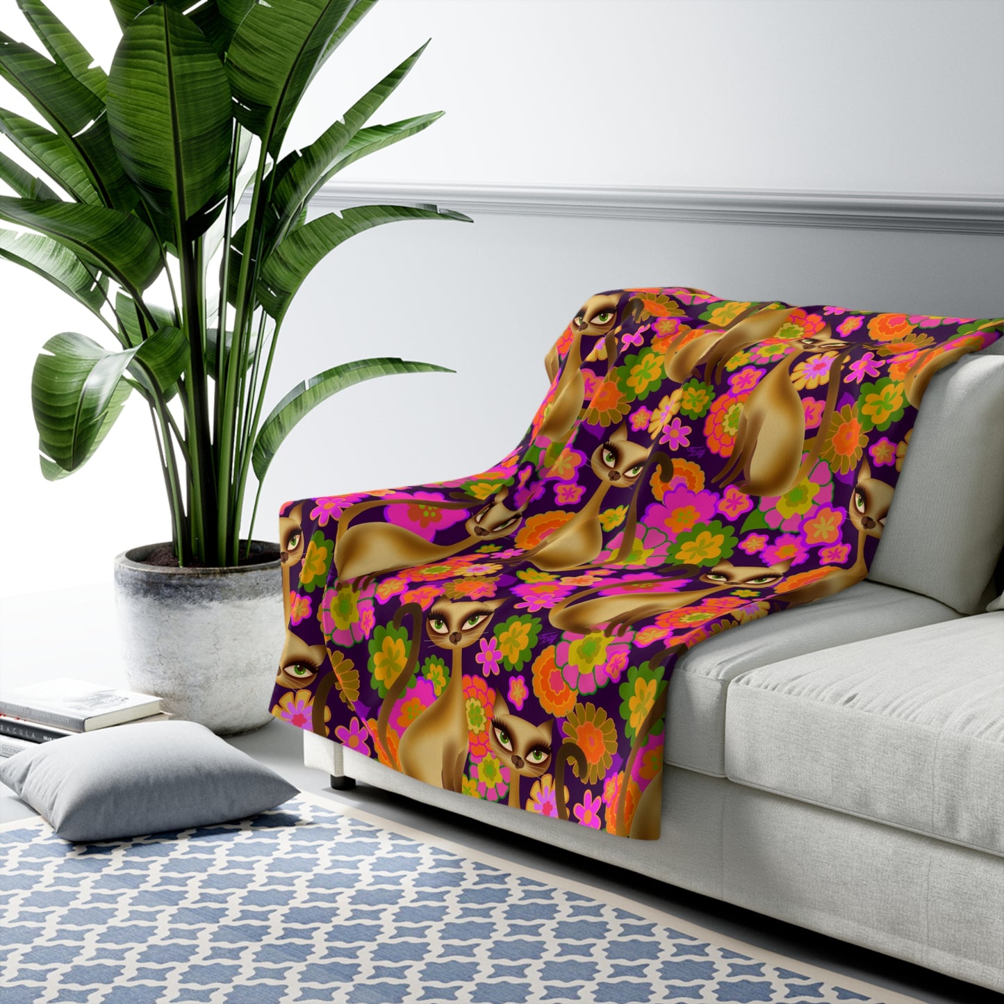 Siamese Mod Flower Kitty on Plum • Sherpa Fleece Blanket