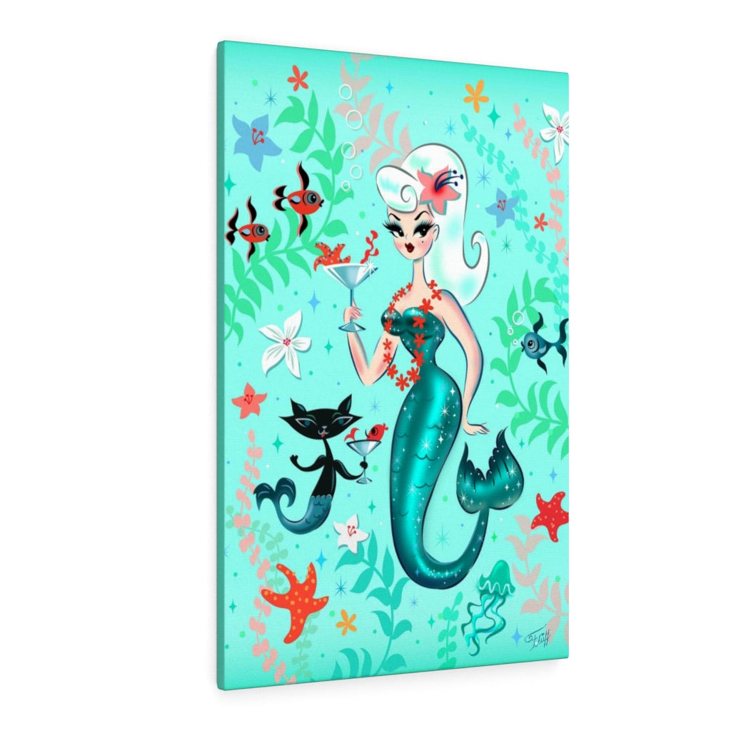 Blonde Martini Mermaid with Merkitten • Canvas Gallery Wrap