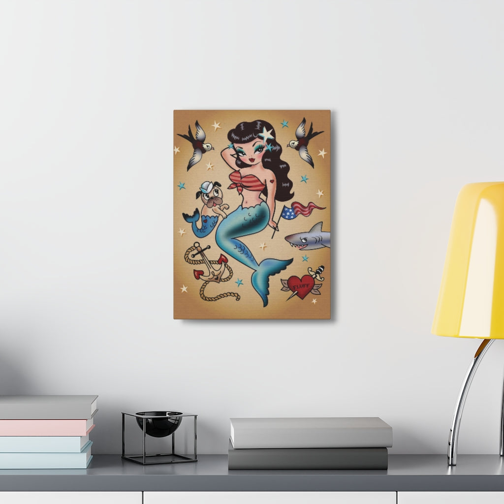Patriotic Pinup Mermaid with Merpup • Canvas Gallery Wrap