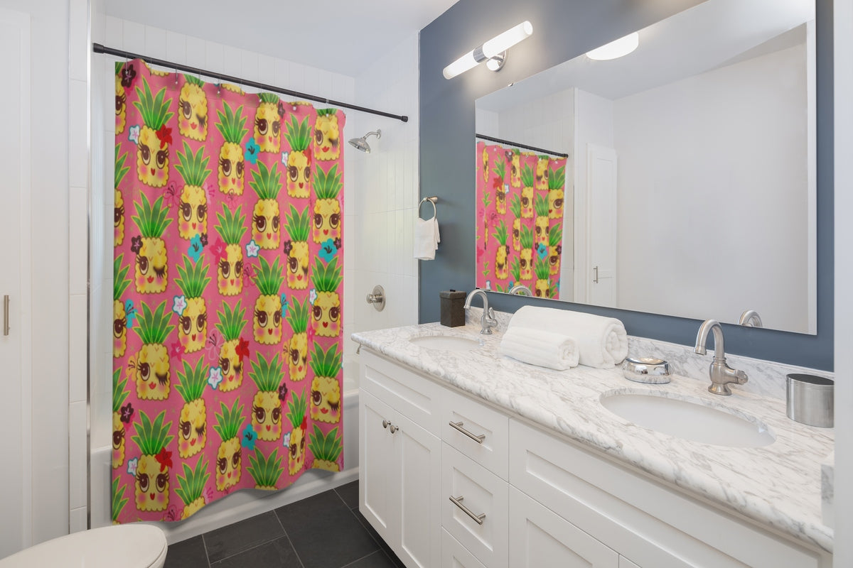 Happy Kawaii Cute Pineapples on Pink • Shower Curtain