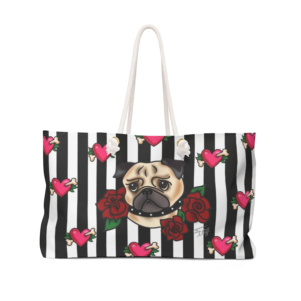 Tattoo Pug with Roses on Stripes • Weekender Bag