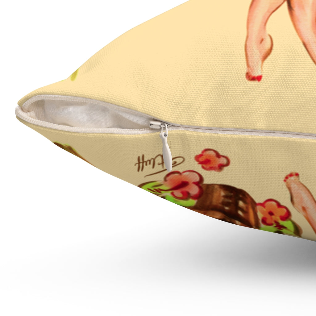 Redhead hula Girl with Tiki • Square Pillow