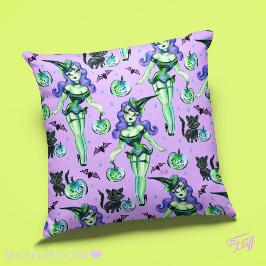 Cute Pinup Witch on Purple • Decor Pillow