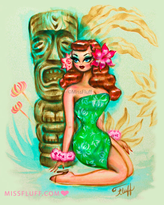 Tropical Pinup Girl with Tiki • Art Print