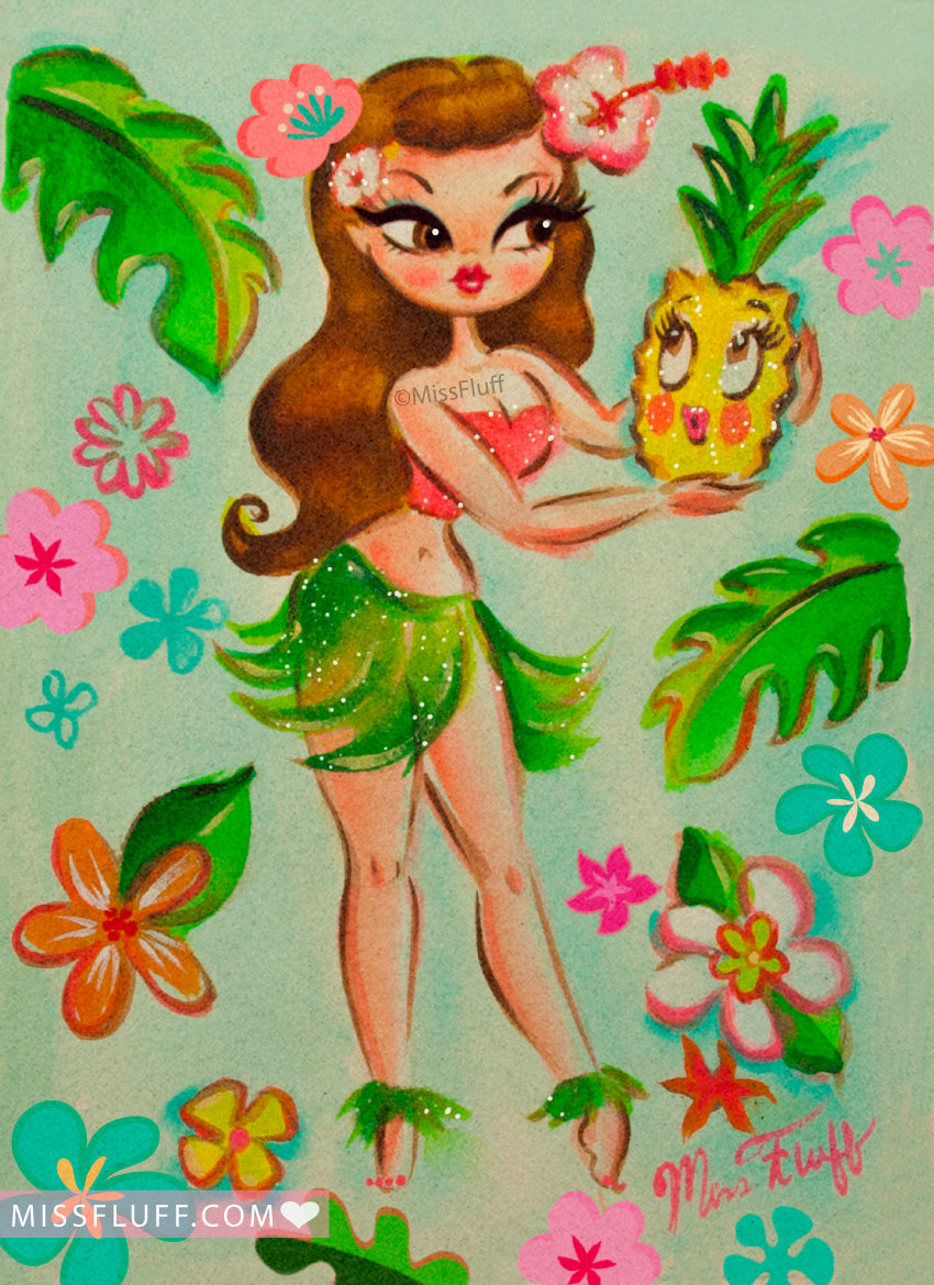 ⭐︎フラドール⭐︎フラダンス⭐︎HULA GIRL⭐︎ハワイアン⭐︎メネフネ⭐︎TIKI Hula Dolly with Enchanted Pineapple • Art Print – Miss Fluff's Shop
