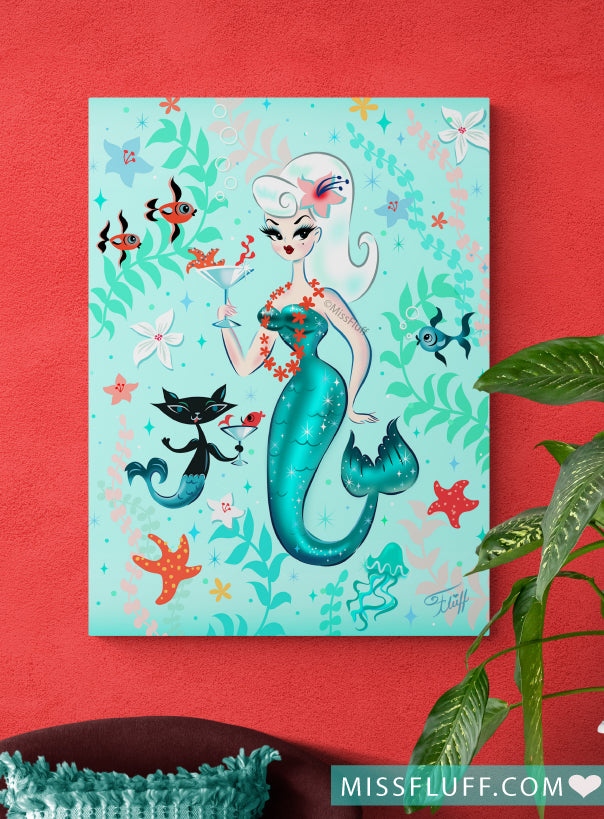 Blonde Martini Mermaid with Merkitten • Canvas Gallery Wrap