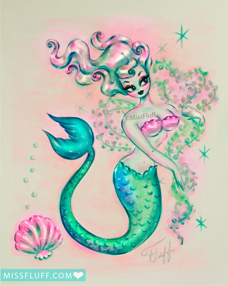 Pearly Mermaid with Seaweed Boa • Art Print
