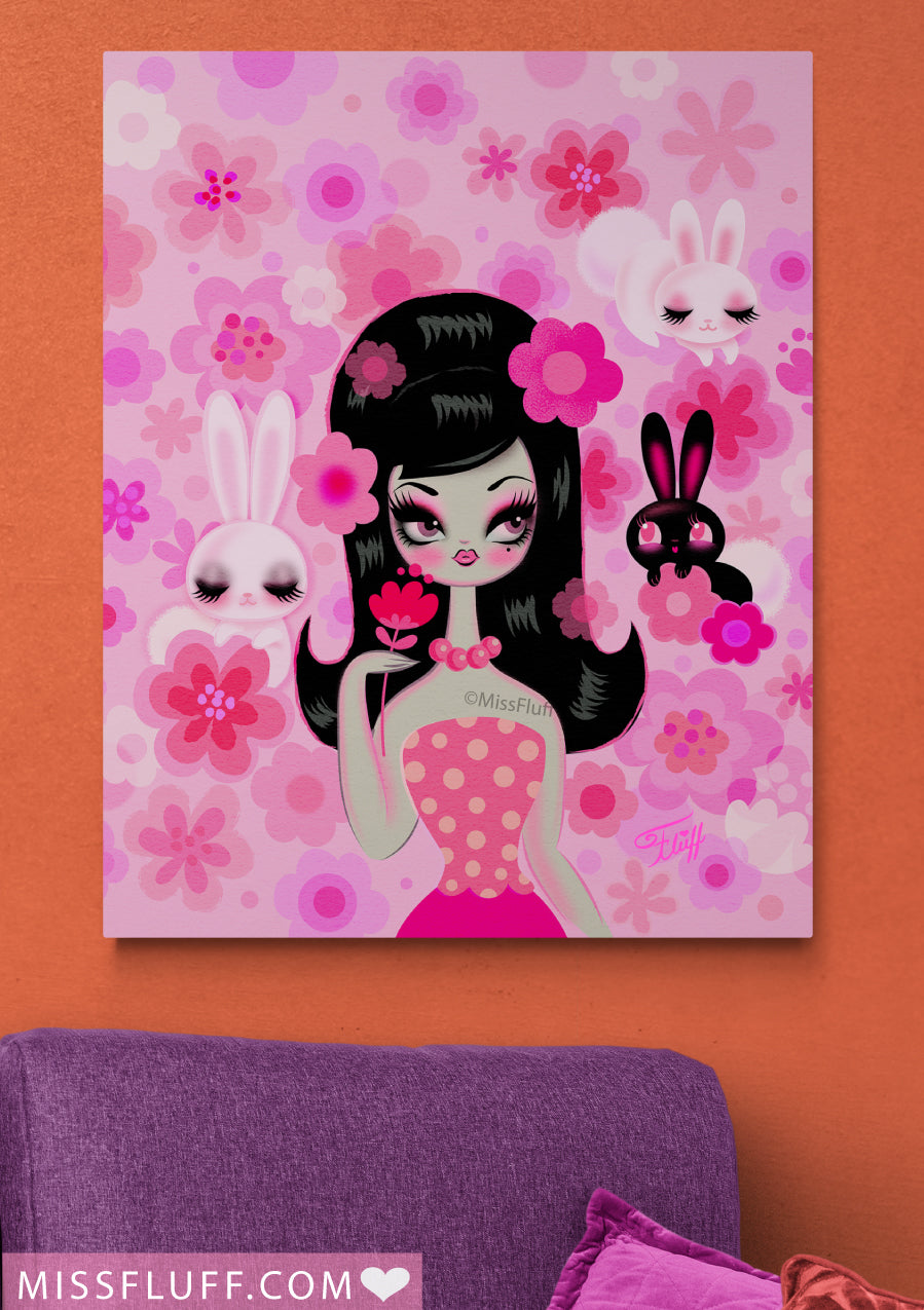 Mod Girl with Bunnies and Flowers • Canvas Gallery Wrap