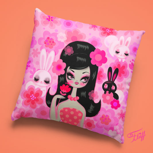 Mod Girl with Bunnies and Flowers • Decor Pillow