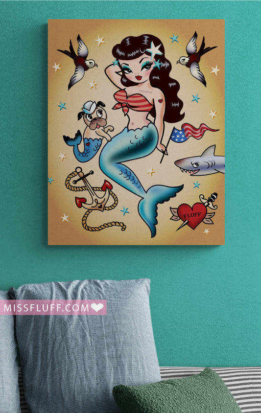 Patriotic Pinup Mermaid with Merpup • Canvas Gallery Wrap