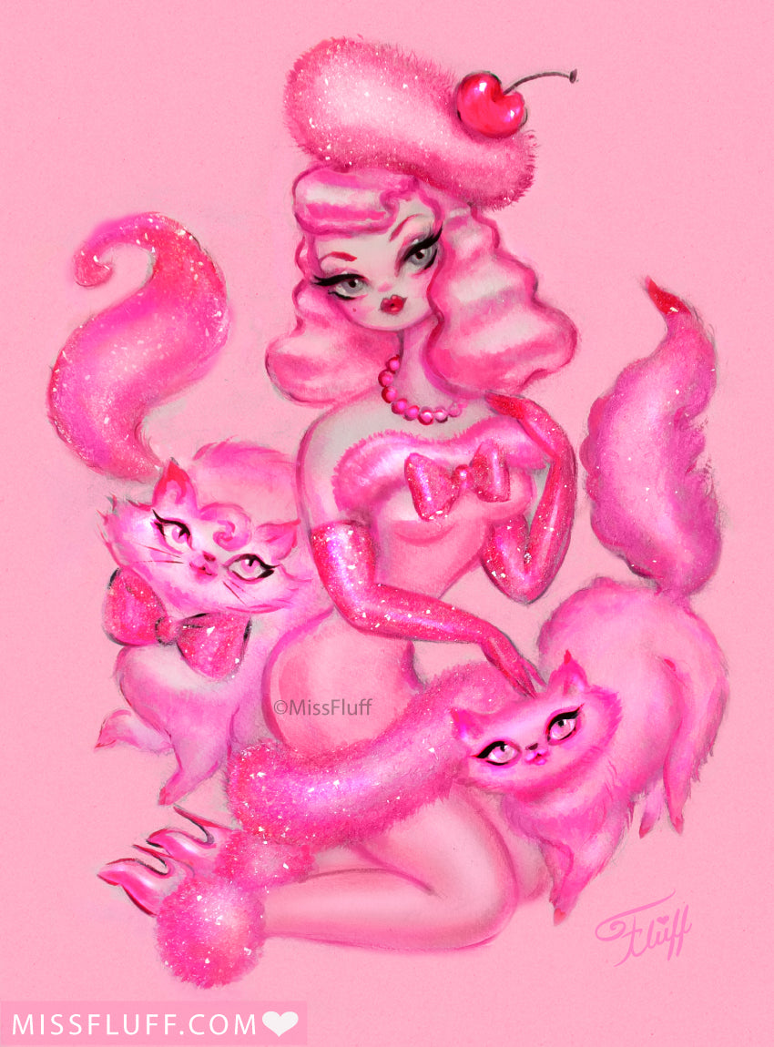 Pink Lady with Kitties • Art Print
