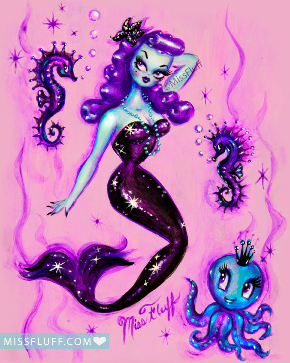 Purple Mermaid with Octopus and Sea Horses• Art Print – Miss