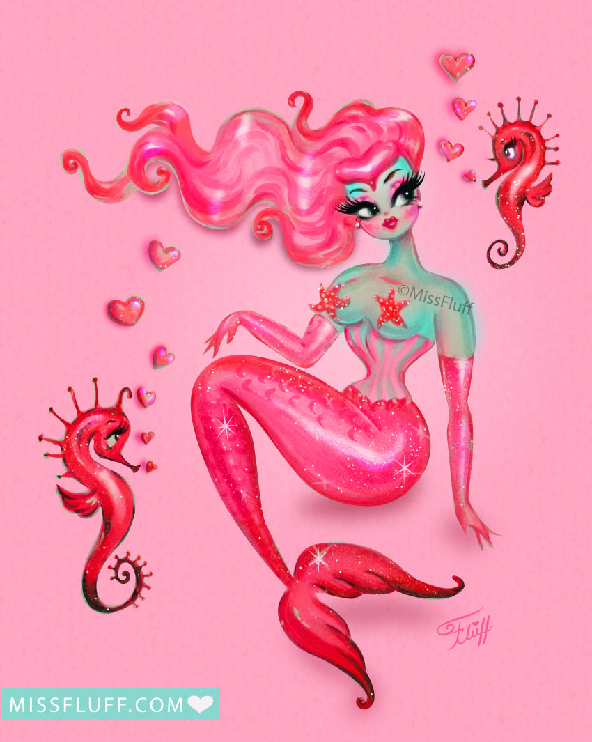 Mermaid on Pink with Smitten Seahorses • Art Print