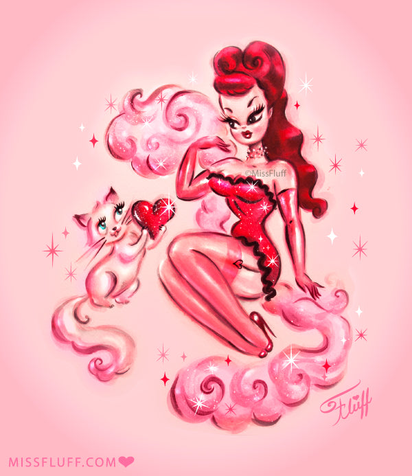 Smitten Kitten with Redhead Burlesque Girl • Art Print