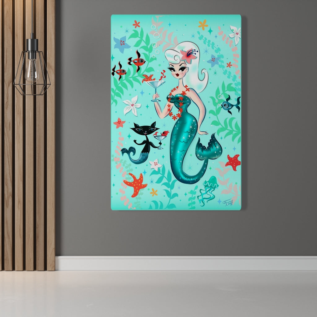 Blonde Martini Mermaid with Merkitten • Canvas Gallery Wrap