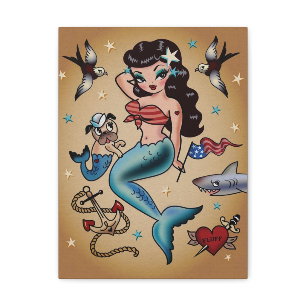 Patriotic Pinup Mermaid with Merpup • Canvas Gallery Wrap