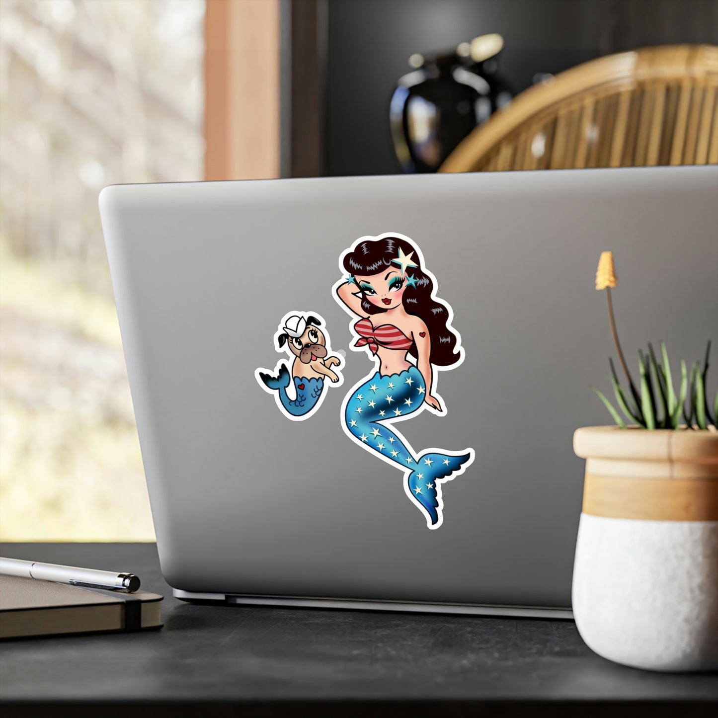 Patriotic Pinup Mermaid with Merpup • Kiss-Cut Vinyl Decals