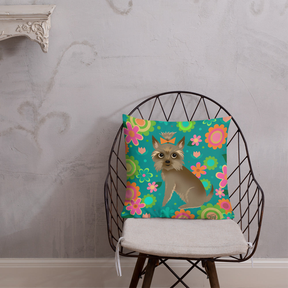 Yorkie with Mod Flowers • Throw Pillow