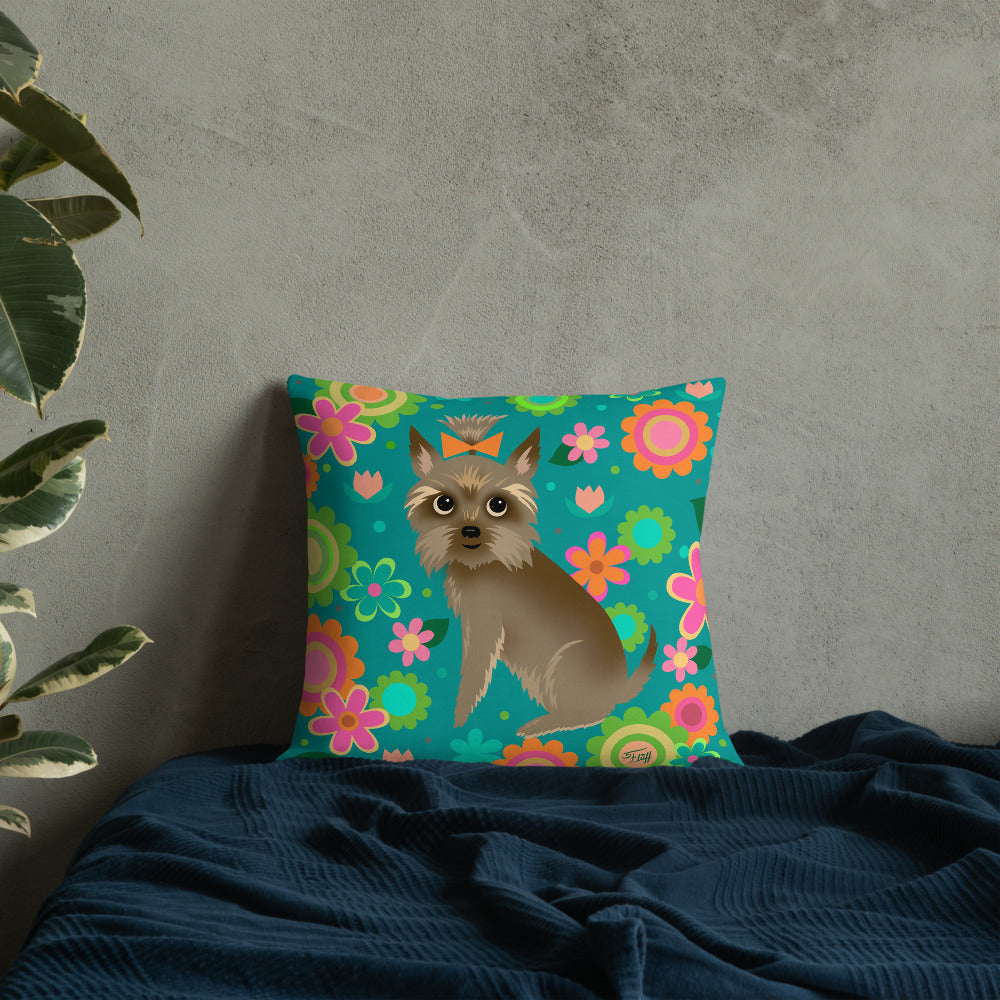 Yorkie with Mod Flowers • Throw Pillow