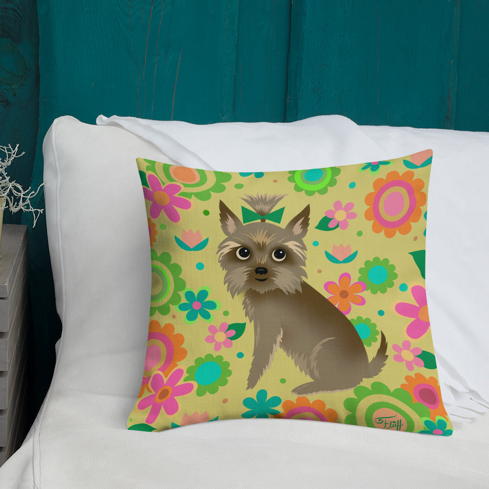 Yorkie with Mod Flowers • Throw Pillow