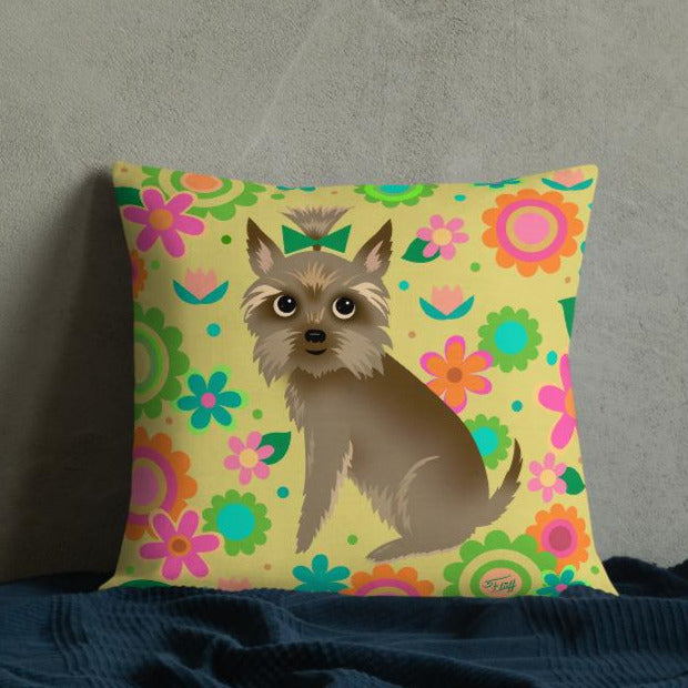 Yorkie with Mod Flowers • Throw Pillow