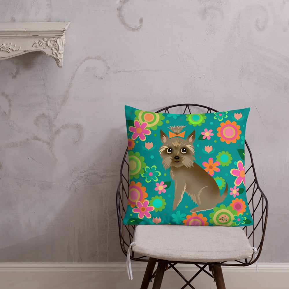 Yorkie with Mod Flowers • Throw Pillow