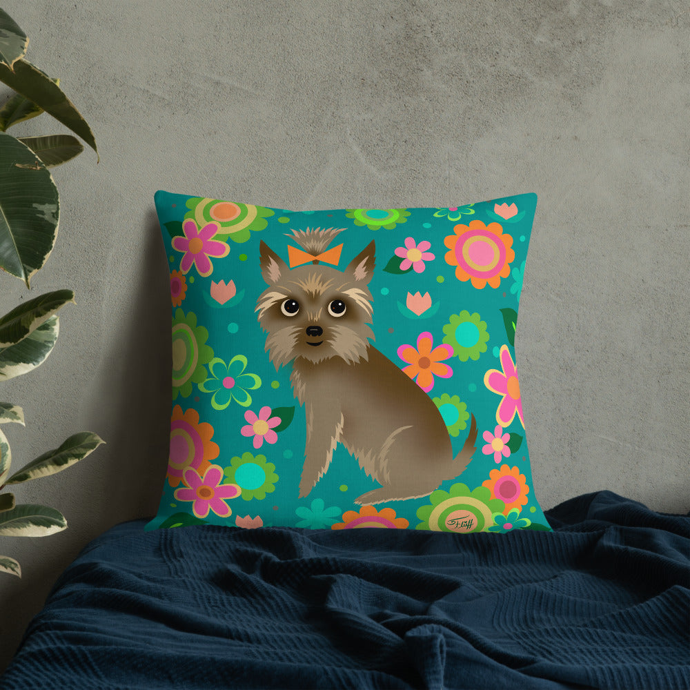 Yorkie with Mod Flowers • Throw Pillow