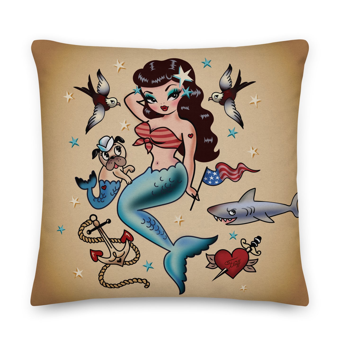 Patriotic Pinup Mermaid with Merpup • Decor Pillow