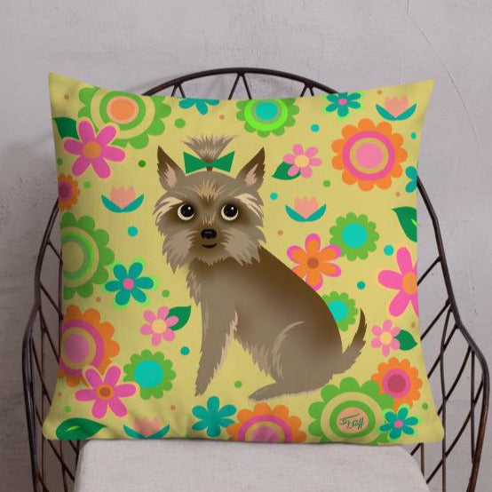 Yorkie with Mod Flowers • Throw Pillow