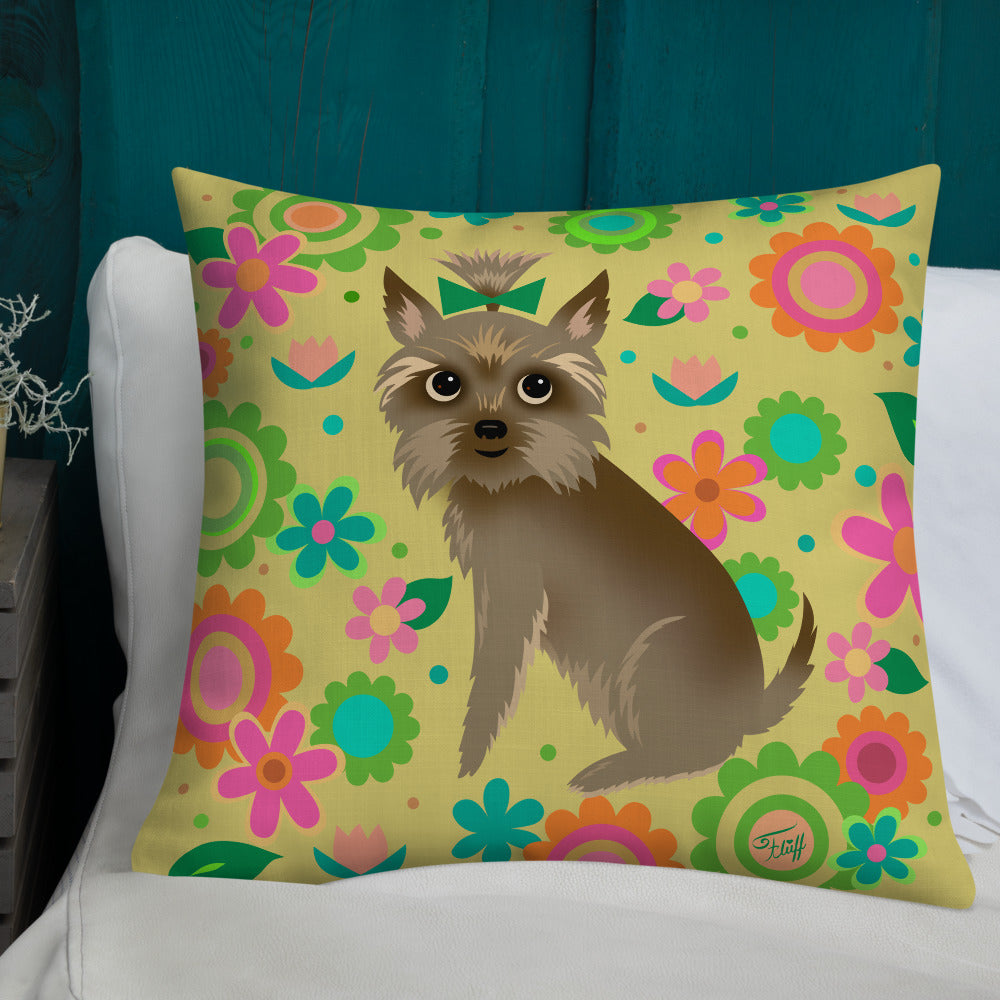 Yorkie with Mod Flowers • Throw Pillow