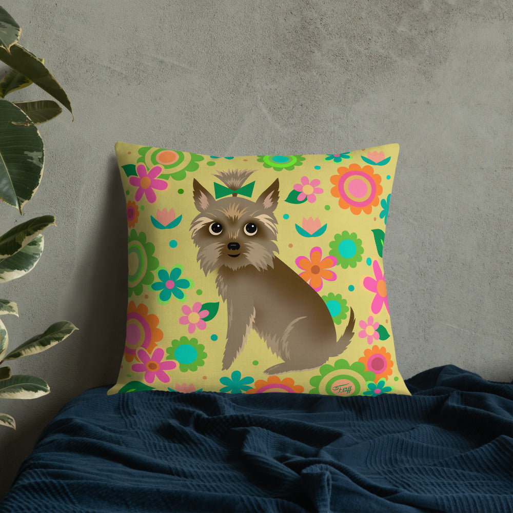 Yorkie with Mod Flowers • Throw Pillow