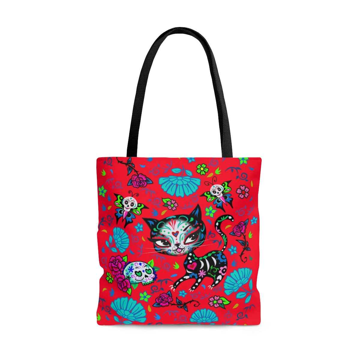 Sugar Skull Kitty on Red • Tote Bag