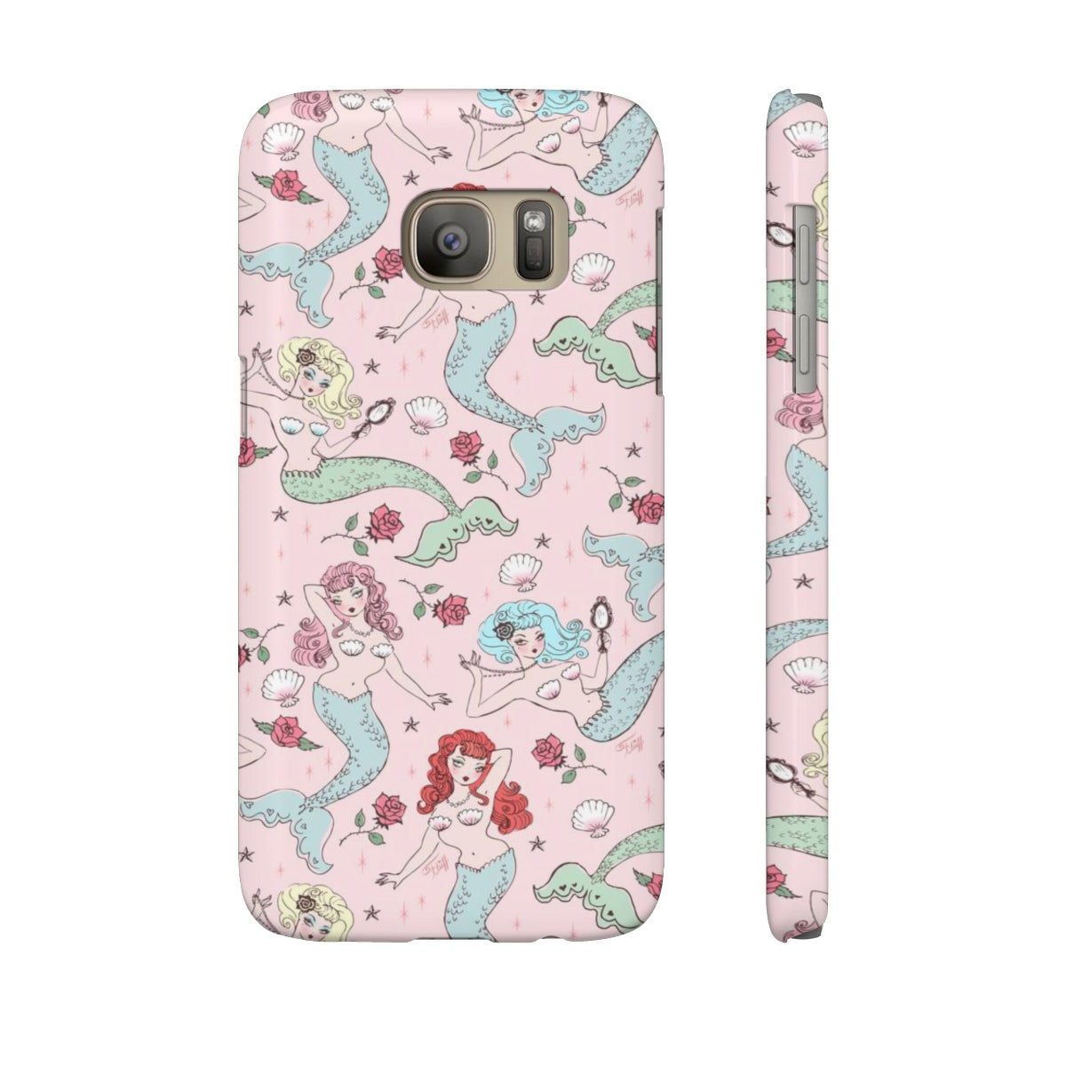Mermaids and Roses on Pink • Slim Phone Case