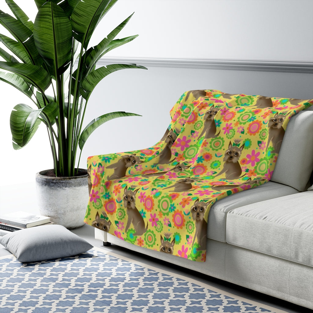 Yorkie with Mod Flowers pattern • Sherpa Fleece Blanket