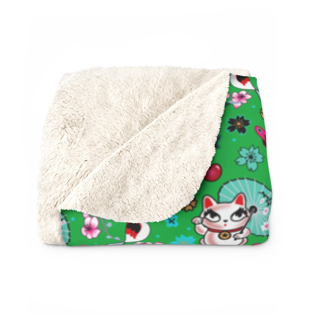 Lucky Cat on Green • Sherpa Fleece Blanket