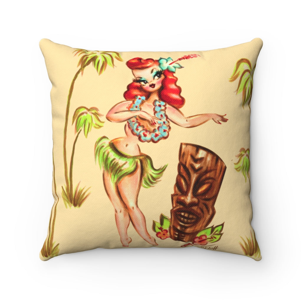 Redhead hula Girl with Tiki • Square Pillow