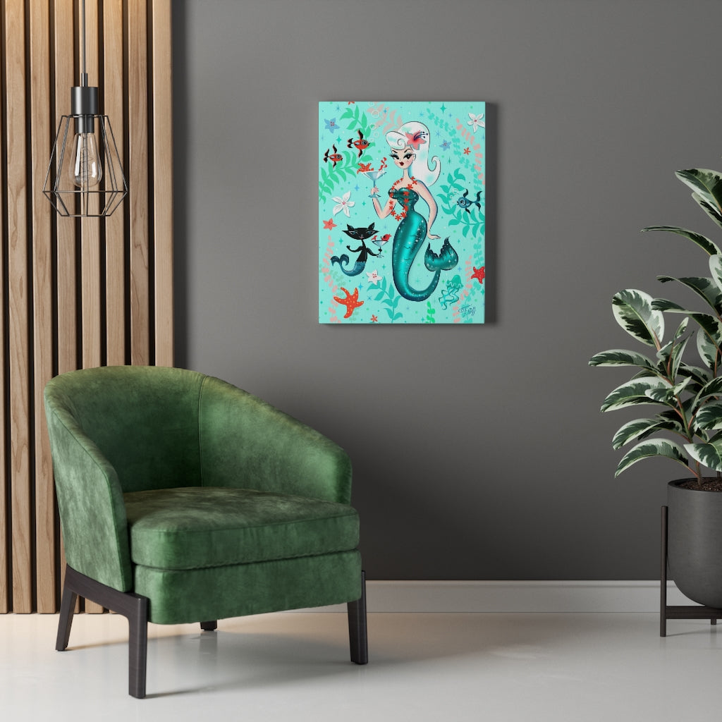 Blonde Martini Mermaid with Merkitten • Canvas Gallery Wrap