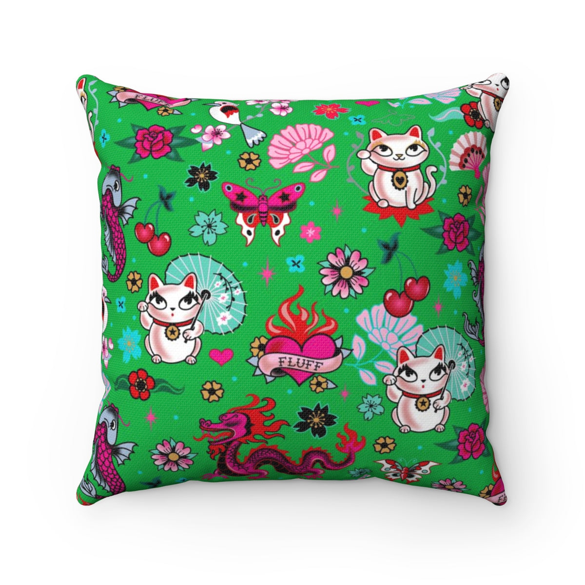 Lucky Cat on Green • Square Pillow